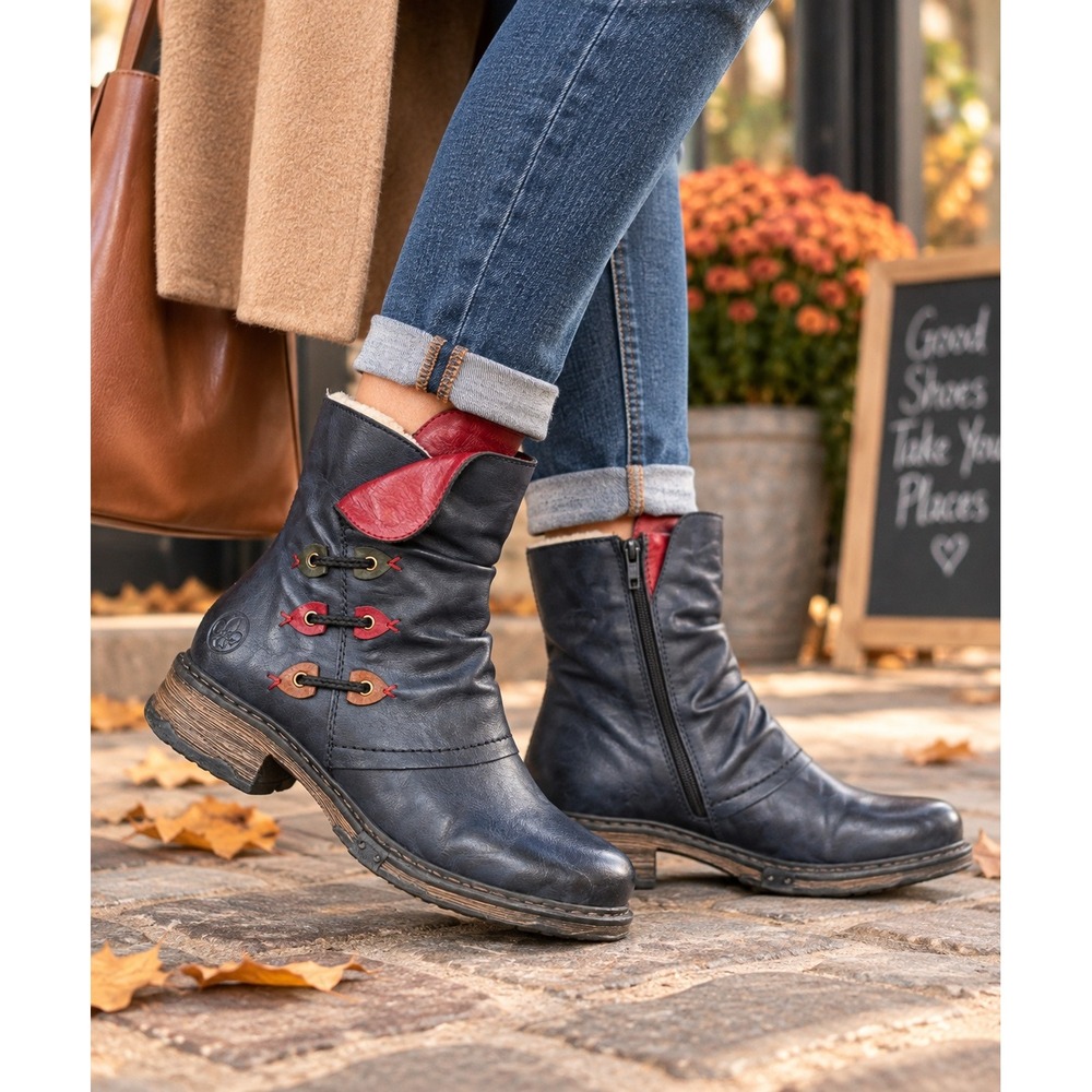 Rieker Ankle Boots Womens 8.5 EU 40 Navy Red Lined Zip Slouch Comfort